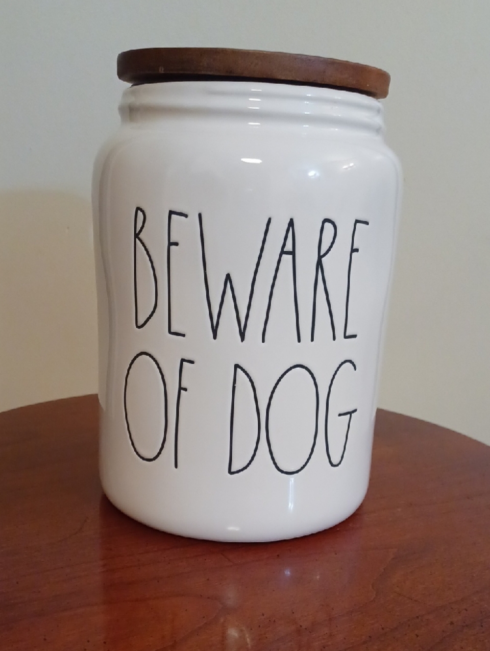Rae Dunn White Ceramic BEWARE OF DOG Treat Canister with Wood Lid
